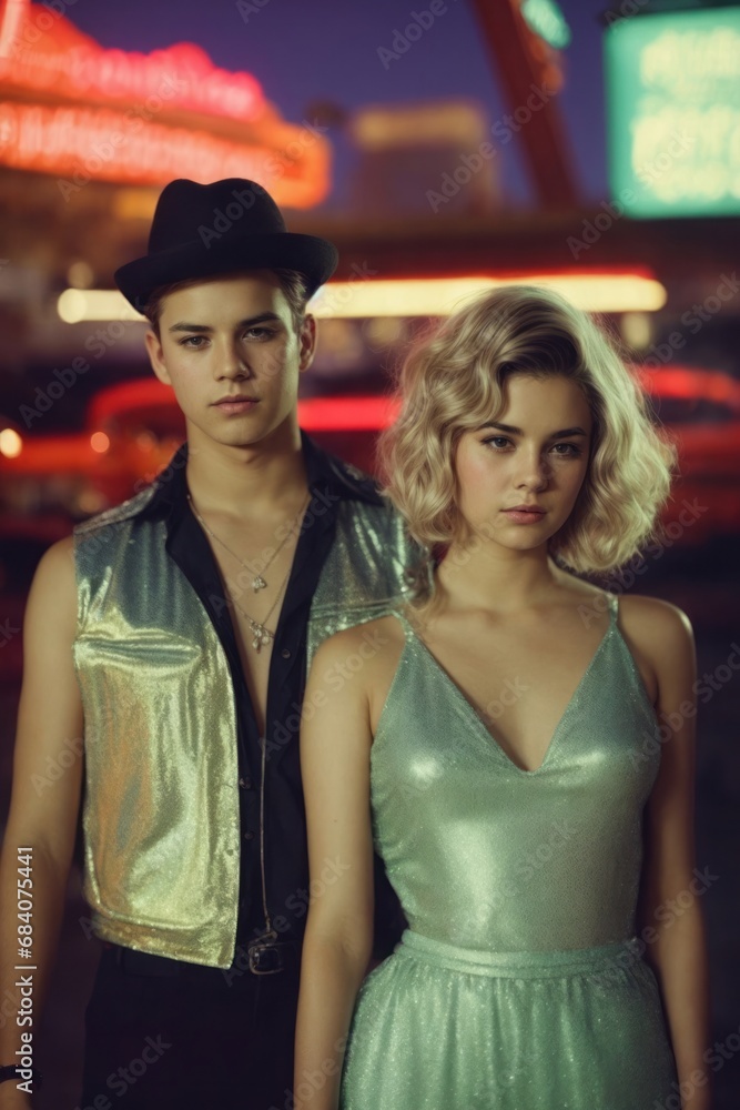 Vintage fashion portrait of a young couple on city street at night, 50s and 60s, Polaroid-style photograph.