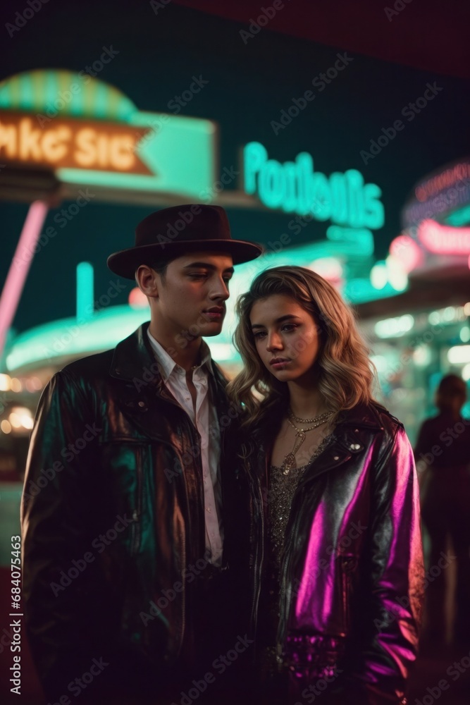 Fototapeta premium Vintage fashion portrait of a young couple on city street at night, 50s and 60s, Polaroid-style photograph.