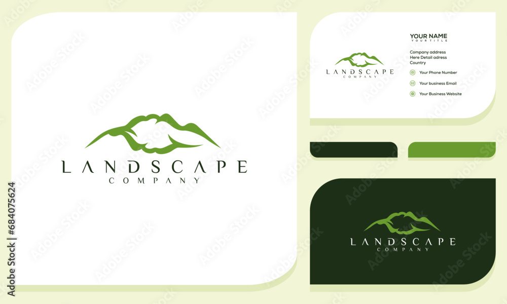 Minimalist Landscape Hills, Mountain Peaks Simple logo design and business card