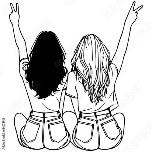 Girl Friends Sketch Drawing.