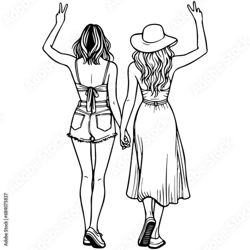 Girl Friends Sketch Drawing.