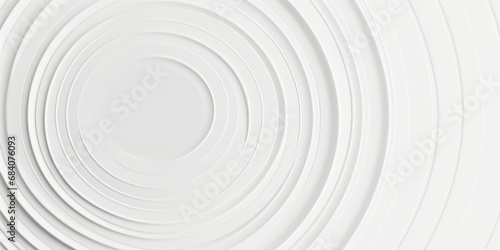 Thin white concentric rings or circles fadign out background wallpaper banner flat lay top view from above on white background with copy space, Generative AI 