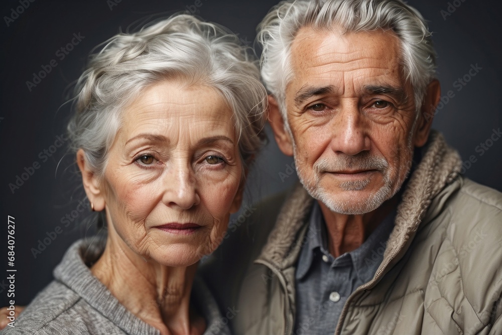 Close-up portrait of a beautiful loving happy elderly couple. A man and a woman with gray hair look into the camera. Valentine's Day, seniors' Day concept.