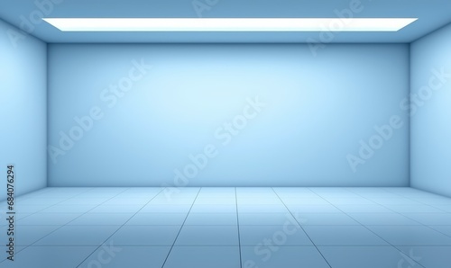 A light blue wall in the interior with beautiful built-in lighting and a smooth floor minimalistic blue background for presentation high resolution