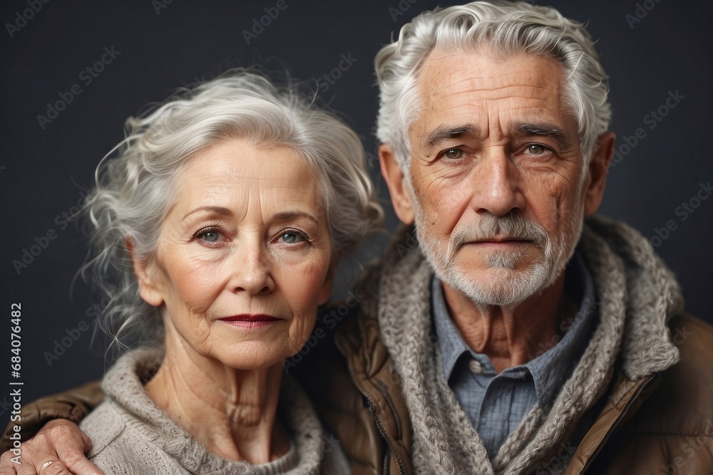 Close-up portrait of a beautiful loving happy elderly couple. A man and a woman with gray hair look into the camera. Valentine's Day, seniors' Day concept. Close-up portrait of a beautiful loving happy elderly couple. A man and a woman with gray hair look into the camera. Valentine's Day, seniors' Day concept.