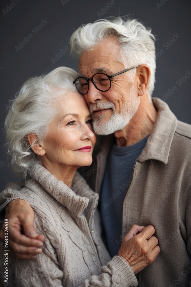 Close-up portrait of a beautiful loving happy elderly couple. A man and a woman with gray hair embrace. Valentine's Day, Seniors' Day, hug day concepts. Close-up portrait of a beautiful loving happy elderly couple. A man and a woman with gray hair embrace. Valentine's Day, Seniors' Day, hug day concepts.