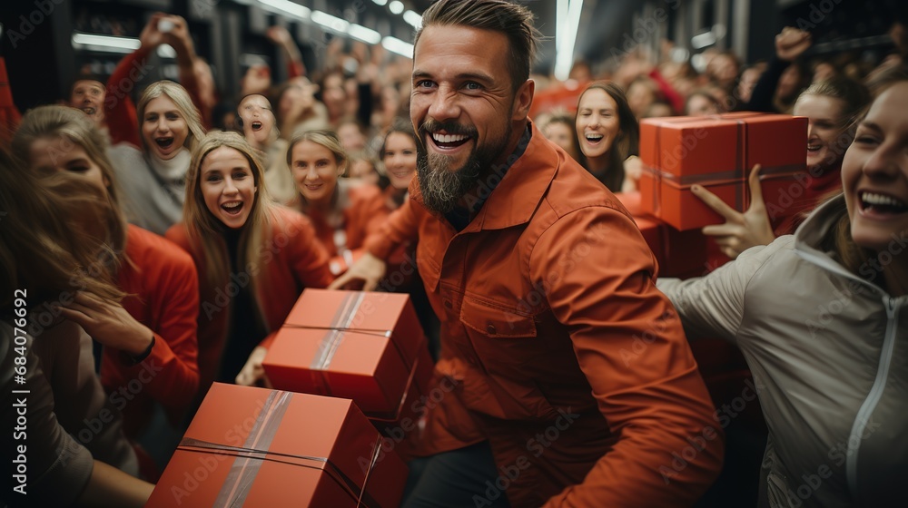 A group of people, a crowd of buyers runs with gifts for seasonal sales, discounts and best deals stores A group of people, a crowd of buyers runs with gifts for seasonal sales, discounts and best deals stores