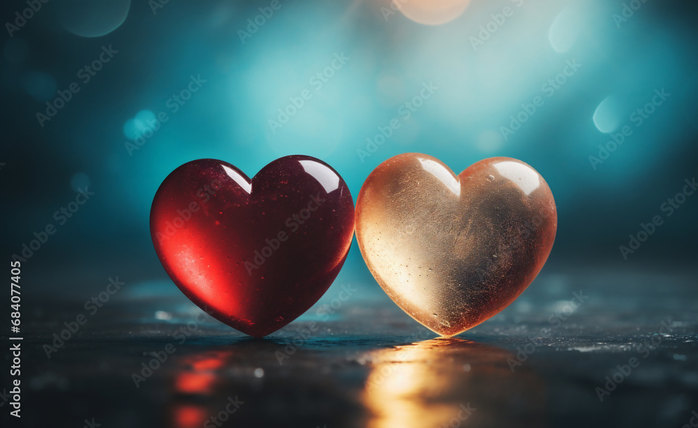 Obraz premium Valentine's day background with two hearts and bokeh lights