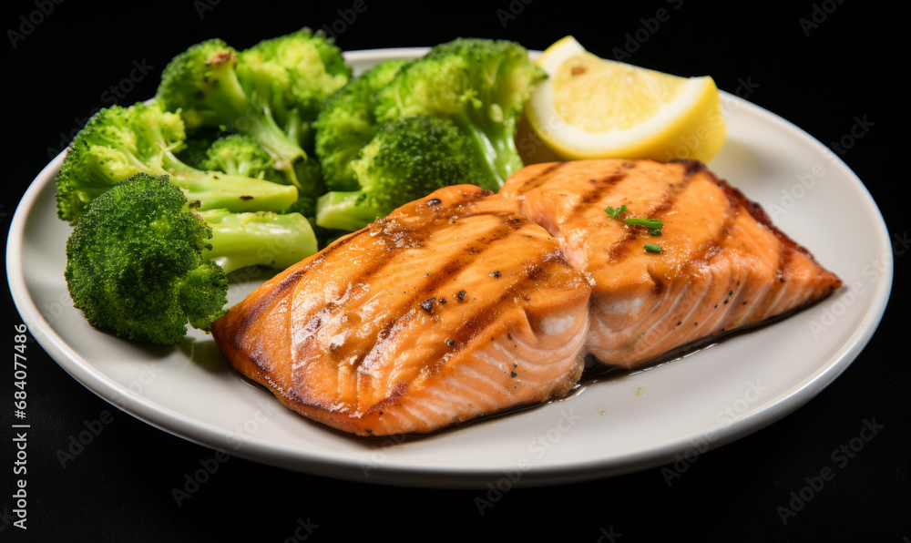 Grilled salmon with steamed broccoli and lemon on a plate.