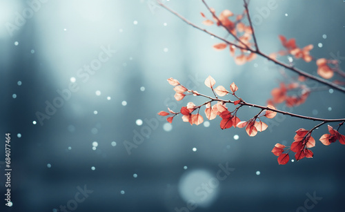 Branch of a tree with red leaves on a blurred background.