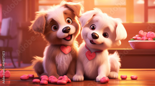 Cute dogs in love. Cartoon illustration. Valentine's day
