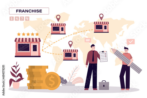 Partners sign franchise agreement. Successful network business development model. Owner transfers license to use brand and franchise to new partner.