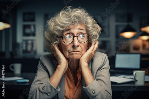 Frustrated mature middle aged old woman using laptop working on computer laptop. Businesswoman distance applicant, aged seeker searching job online, blogger writer. Old people using modern technology