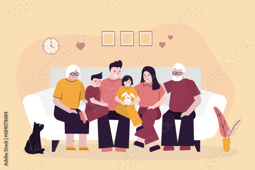 Happy family portrait, people sitting on the sofa. Grandparents, father, mother, son and daughter together at home. Parents and children in living room interior.