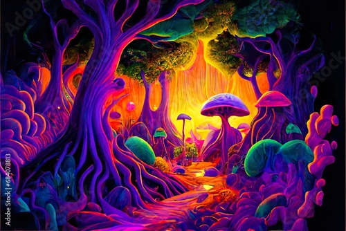 psychedelic mushroom forest trippy toadstool jungle sunset abstract illustration © wraps + snaps