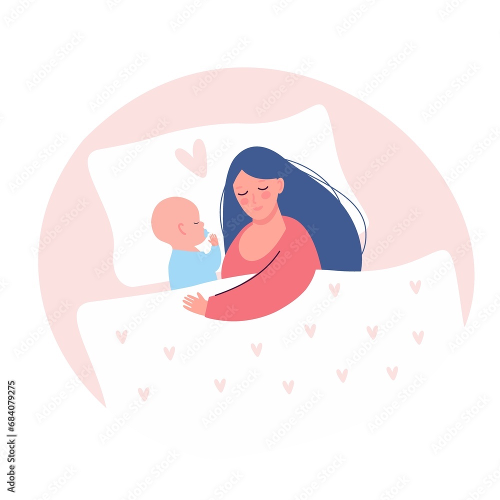 Mother and child are sleeping soundly on a pillow under a blanket, mother hugs the child.
Mother and child are sleeping soundly on a pillow under a blanket, mother hugs the child.