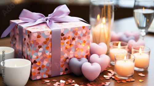 Gift box with candles on bokeh background.
