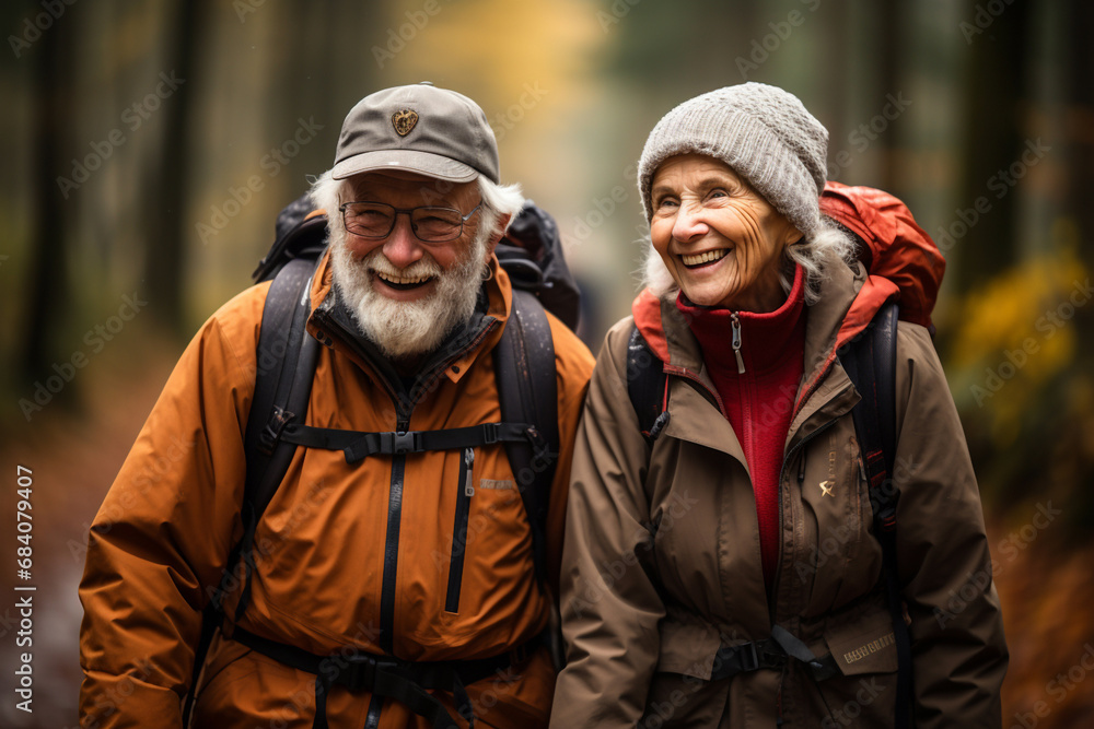 A happy older married couple, warmly dressed in winter jackets and with backpacks on their backs, are walking outdoors. The concept of a full life in retirement.