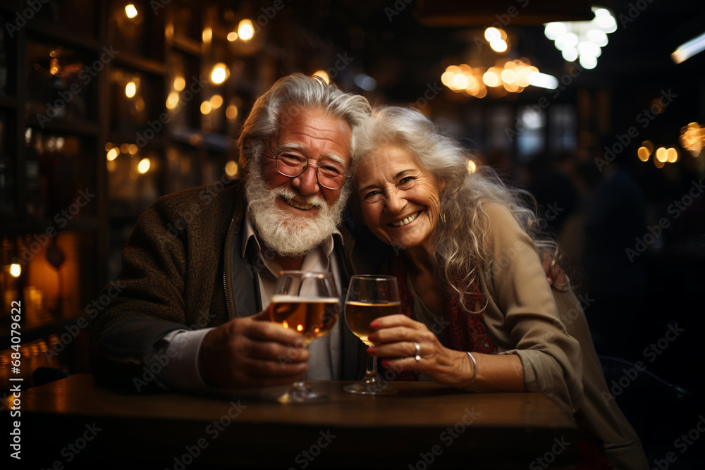 Active social lifestyle of senior people concept. Mature couple having fun drinking beer at cafe bar restaurant. Husband and wife hanging out enjoying happy hour at brewery pub.