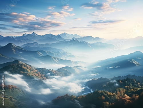 Sunrise illuminating misty mountains and valleys with a serene river. Generative AI