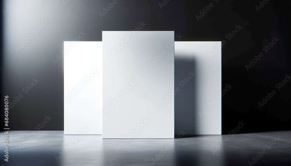 Modern gallery space with blank white posters and sunlight. Exhibition and design concept. Generative AI Modern gallery space with blank white posters and sunlight. Exhibition and design concept. Generative AI