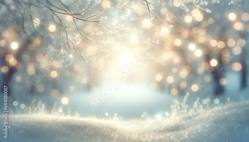 Glistening winter morning with delicate tree branches and bokeh light. Tranquil dawn concept. Generative AI