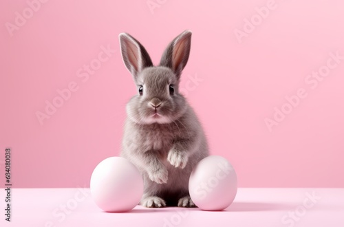 Cute and soft grey bunny between two white eggs on a pink background evokes purity and new beginnings for spring.