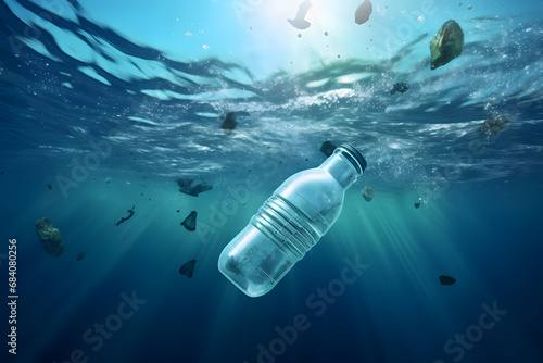 Plastic pollution concept showing plastic bottle swimming in ocean