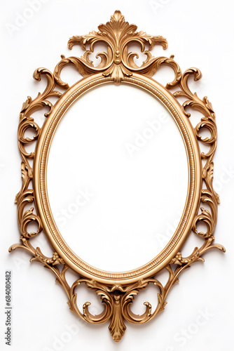 Golden ornate empty oval shaped picture frame on white background