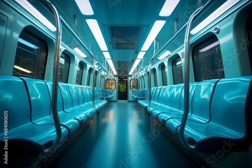 Modern Subway Train Interior with Blue Seats and Ceiling Viewed from Aisle Generative AI