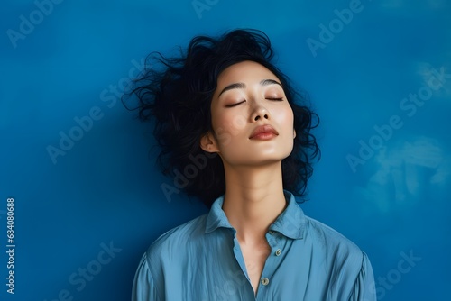 Serene young woman with closed eyes and peaceful expression enjoying a moment of relaxation and mindfulness. Generative AI