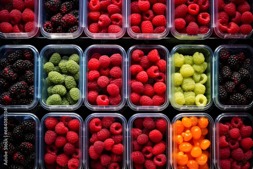 Assorted Fresh Fruits in Clear Plastic Containers for Healthy Snacking and Meal Prep on White Background. Generative AI Assorted Fresh Fruits in Clear Plastic Containers for Healthy Snacking and Meal Prep on White Background. Generative AI