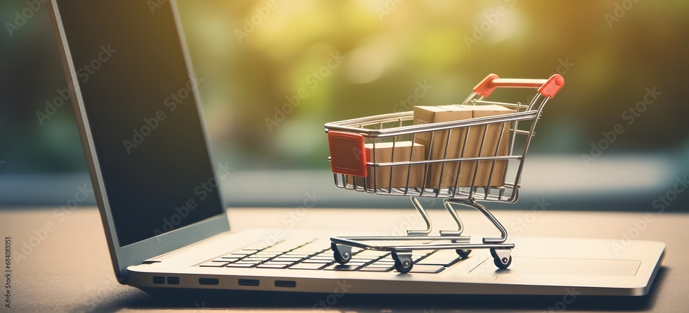 Online Shopping Made Easy Laptop with Shopping Cart Icon on Screen Generative AI