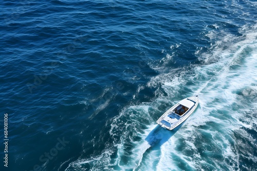 Solitary Giraffe Boat Sailing Across the Vast Ocean with a Trail of Waves Behind Generative AI © riya