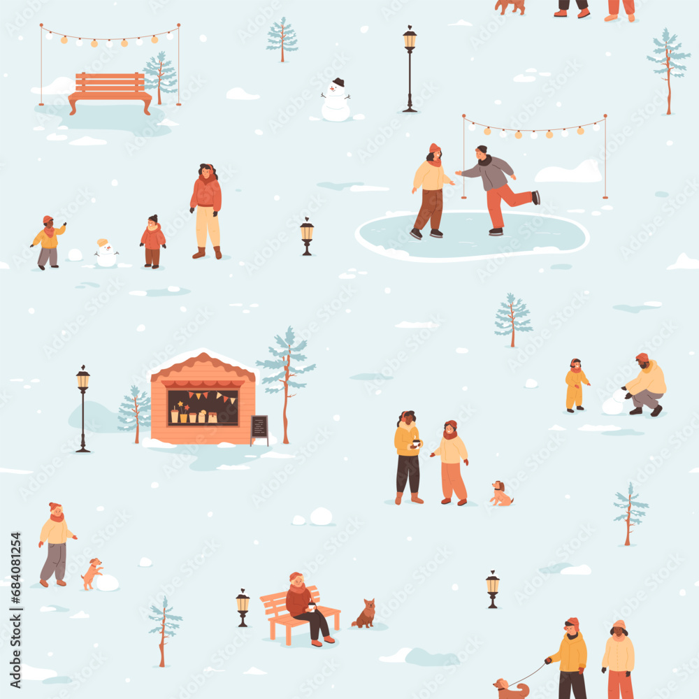 Winter cozy city life. People walking on street, skating on ice rink, family walking with dog, children makes snowman, women talking, coffee kiosk. Vector holiday illustration, seamless pattern