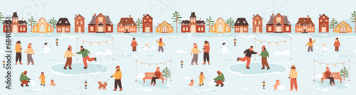 Winter city life illustration. People walking on street, skating on ice rink, man walking with dog, children makes snowman, women talking and drinking coffee. Vector urban background, seamless border