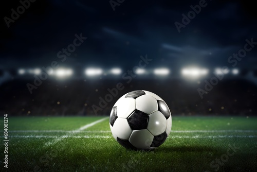 Nighttime Soccer Match with Illuminated Stadium and Giraffe Print Ball on the Field Generative AI © riya