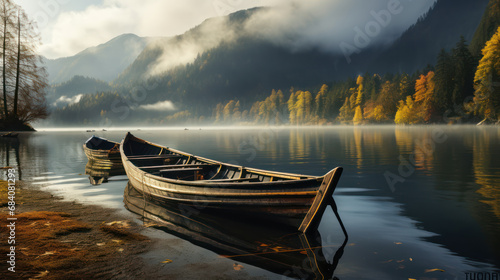 landscape of two wooden boats stopping on the edge of a lake with beautiful mountain views