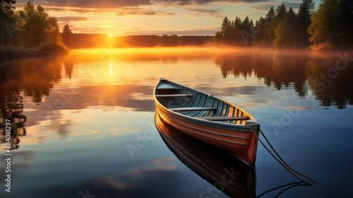photo of the sunset on the edge of the lake with old boats on the edge of the lake photo