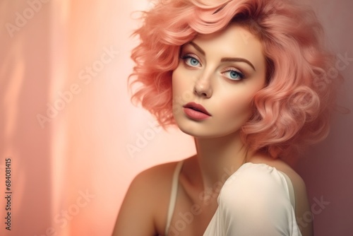 A Vibrant Woman With Pink Hair Striking a Pose for a Captivating Photograph. A vintage style portrait of a woman with pink hair posing for a picture
