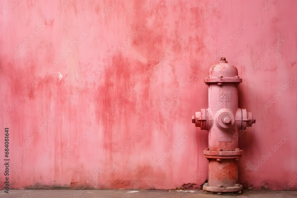 Bright Red Fire Hydrant Standing Out Against a Vibrant Pink Wall and Grey Cement Floor Generative AI Bright Red Fire Hydrant Standing Out Against a Vibrant Pink Wall and Grey Cement Floor Generative AI