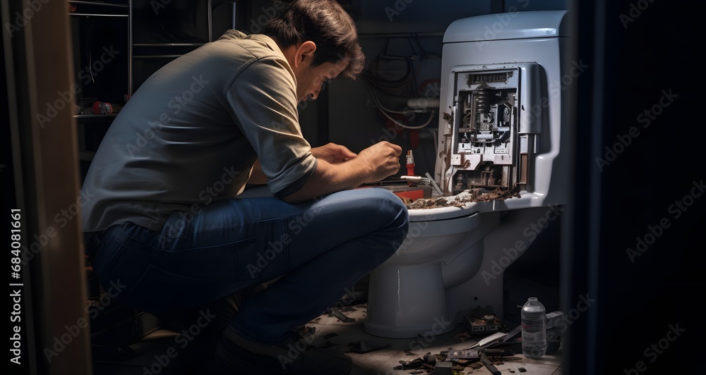 Frustrated man trying to fix a broken toilet in his bathroom with a plunger and a wrench Generative AI Frustrated man trying to fix a broken toilet in his bathroom with a plunger and a wrench Generative AI