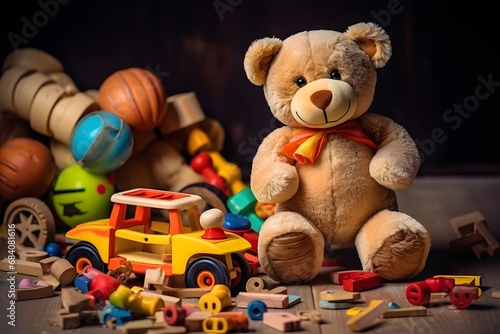 Adorable Teddy Bear Surrounded by Colorful Toys on a Playful Day Generative AI