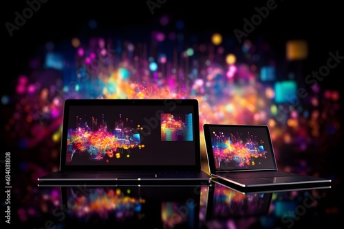 Modern Technology Two Laptops on a Table with Vibrant Colorful Background for Creative Workspace Generative AI