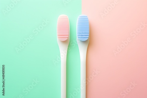 Colorful Toothbrushes on Vibrant Background - Pink and Blue Dental Hygiene Tools for Daily Use Generative AI