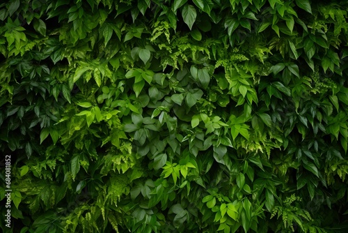 Vibrant Green Foliage Adorning a Textured Wall - Close Up Nature Background for Design and Decor Generative AI