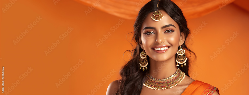 Portrait of a young, smiling Indian woman in traditional attire ...