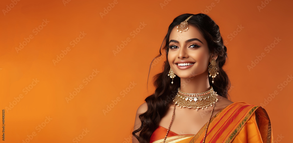Portrait of a young, smiling Indian woman in traditional attire ...