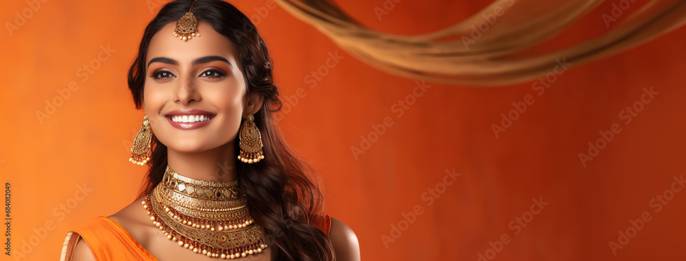 Portrait of a young, smiling Indian woman in traditional attire ...