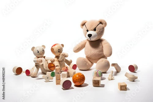 A Group of Colorful Teddy Bears Sitting on the Floor in a Playroom with Soft Toys and Stuffed Animals. Generative AI